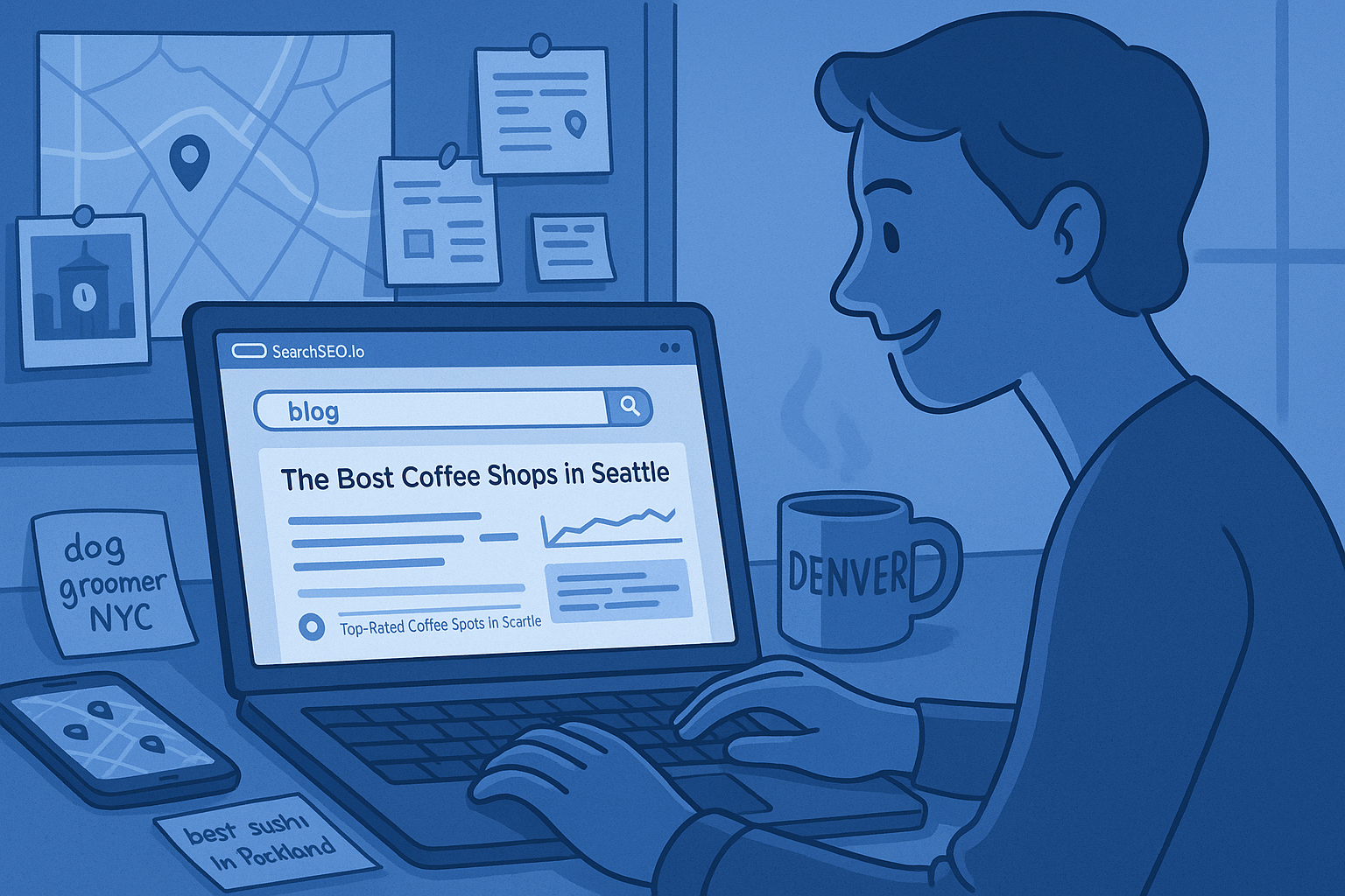 Person blogging at a desk with laptop open to a local SEO blog post.