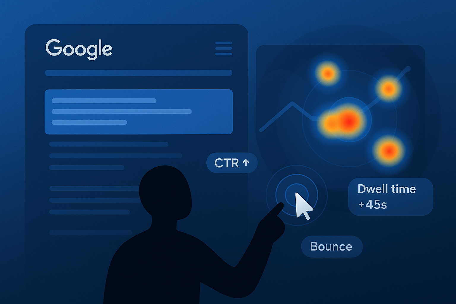 User interacting with Google search results and heatmap visual showing behavioral SEO metrics like CTR and dwell time.