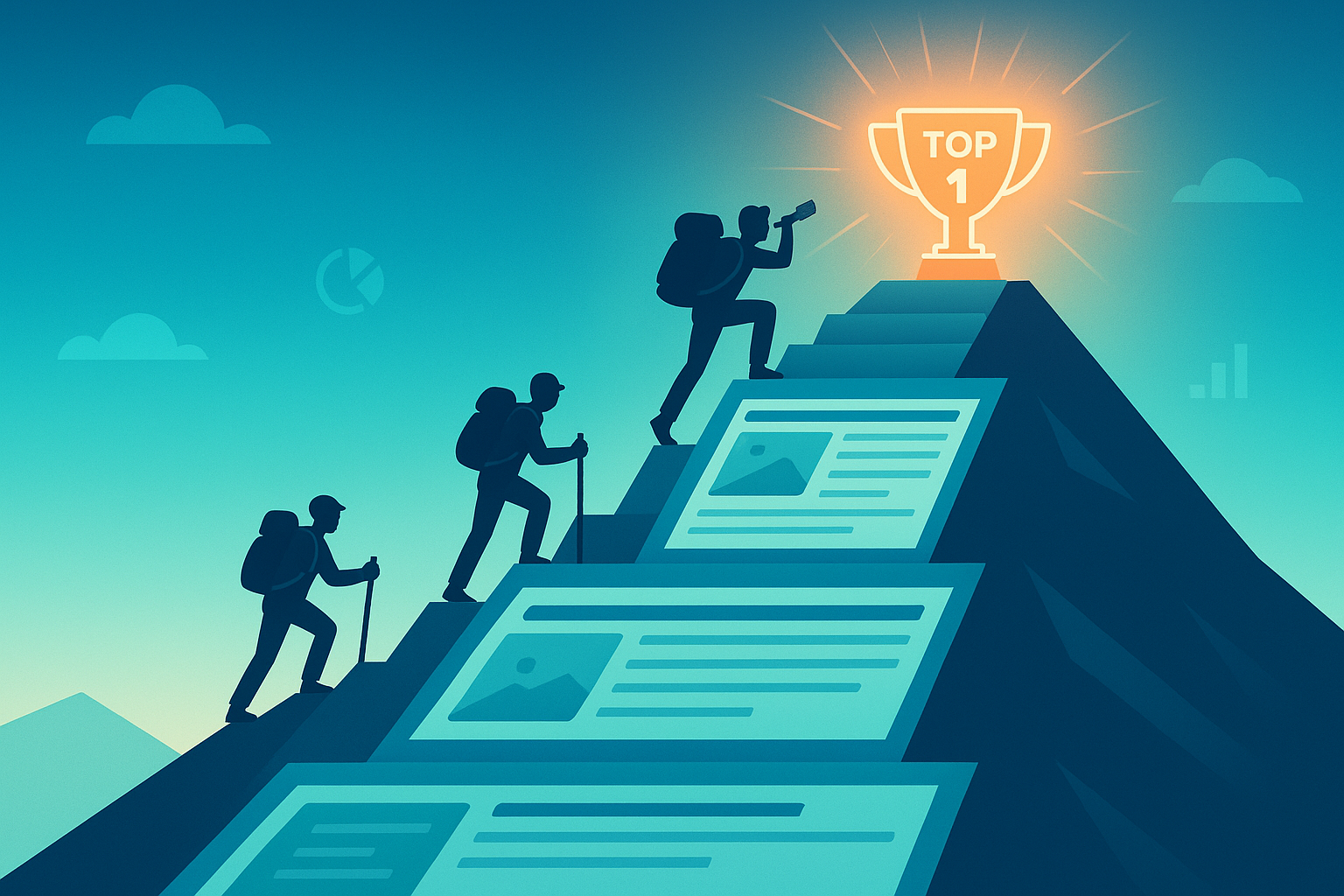 Illustration of people climbing a mountain made of web pages toward a glowing trophy labeled ‘Top 1,’ symbolizing the journey to achieving top search engine rankings.