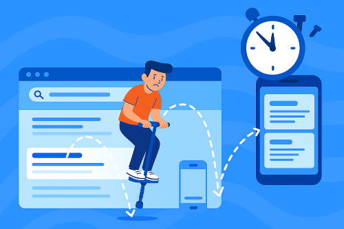 Illustration of a person on a pogo stick bouncing between search results and web pages, symbolizing pogo sticking behavior in SEO, with a stopwatch representing time on page.