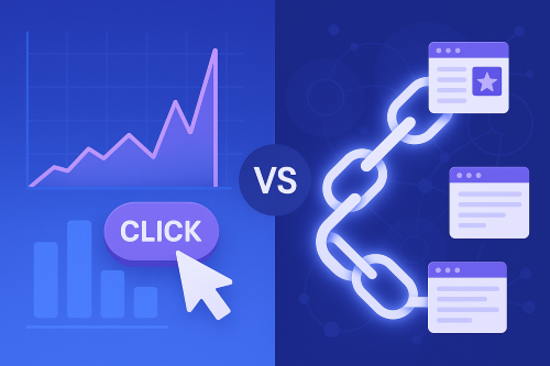 Illustration comparing click-through rate (CTR) optimization versus link building, showing a rising graph and click button on one side and connected web page icons on the other