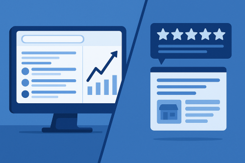 Illustration showing a computer monitor with website analytics and rising graph on the left, and an online review or rating card with five stars on the right, representing website performance and customer feedback.