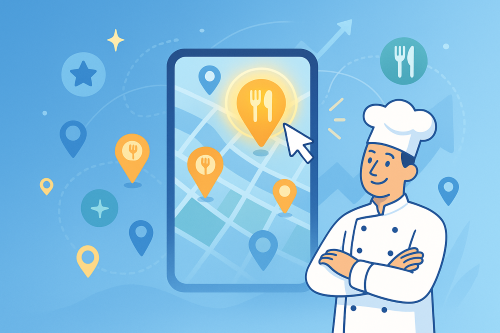 Illustration of a smiling chef standing beside a large smartphone screen displaying a digital map with multiple restaurant location pins