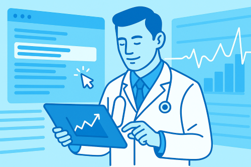 Illustration of a professional analyzing data on a tablet with charts and graphs in the background, representing analytics and performance tracking.