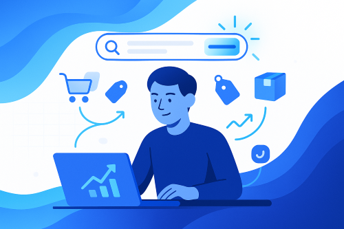 Illustration showing a person using a laptop with ecommerce icons and upward growth charts representing CTR Manipulation for Ecommerce and improved product page visibility