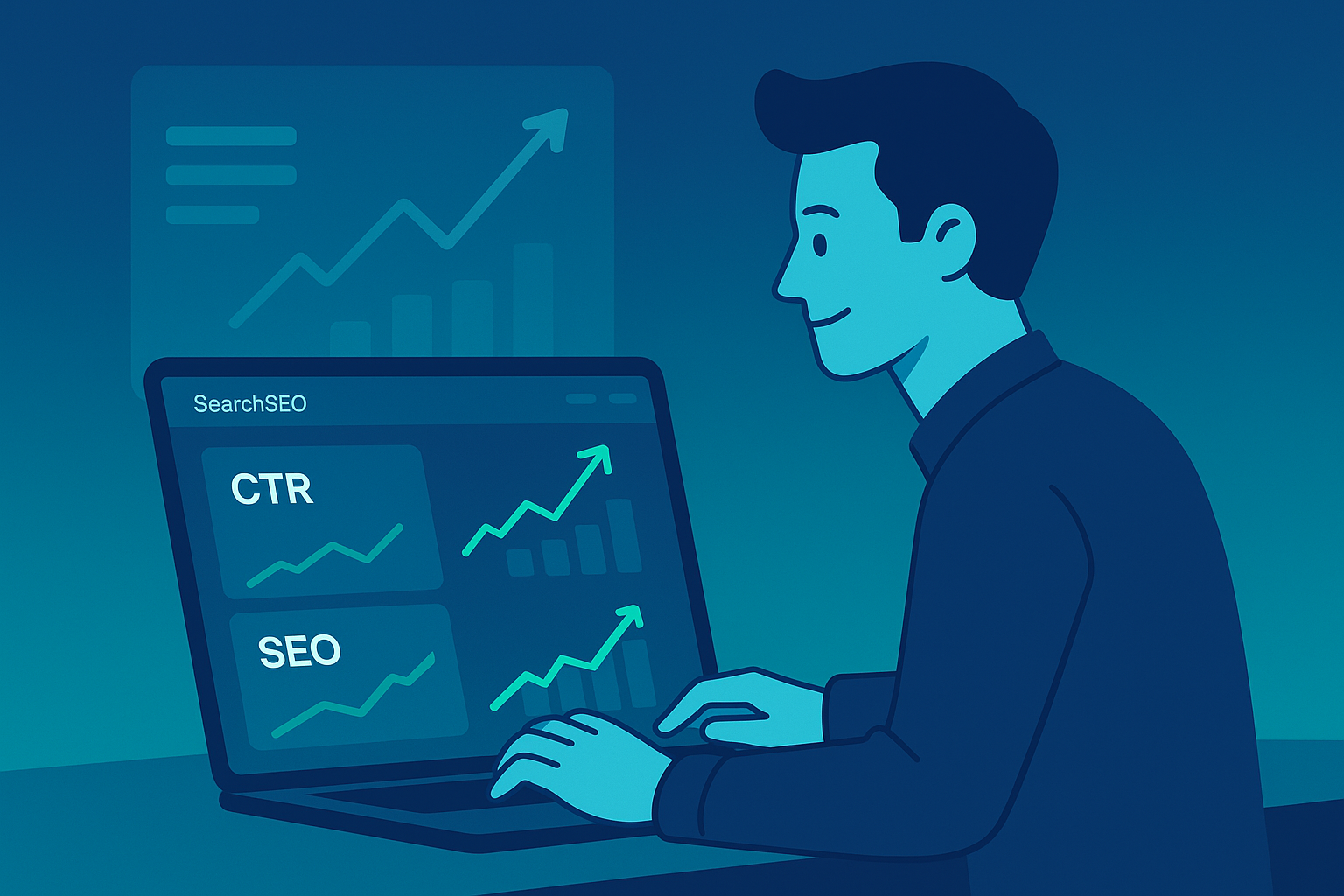 A startup founder analyzing rising CTR and SEO performance charts on a laptop screen