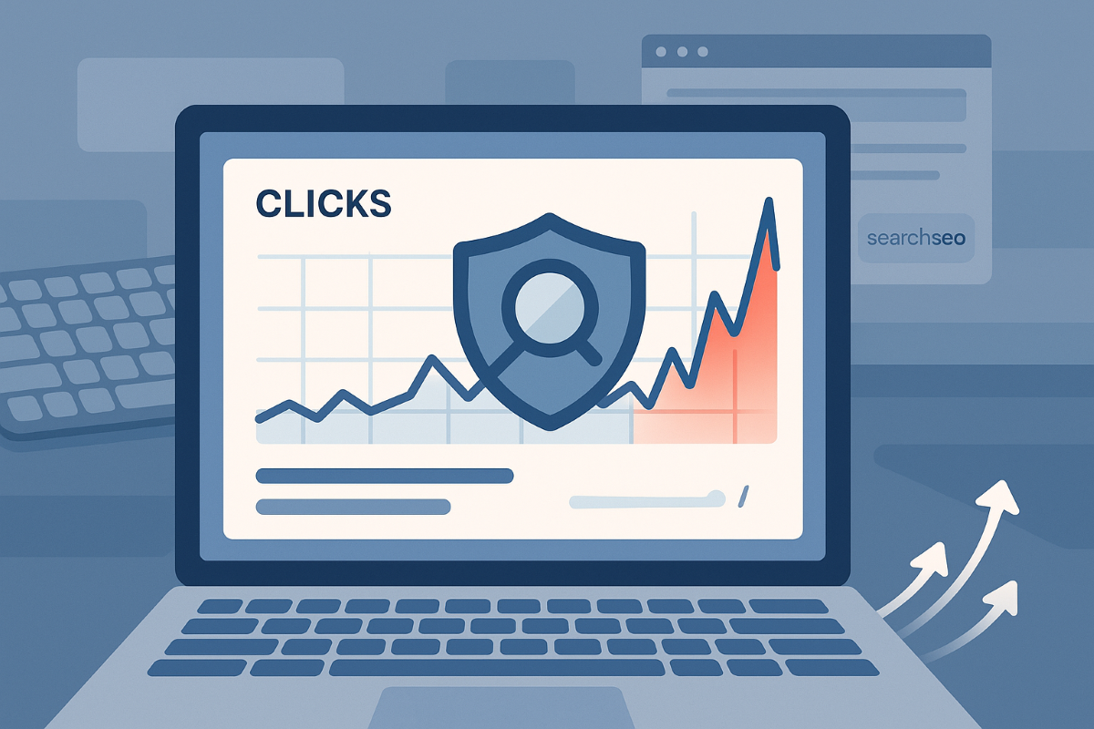 Illustration of a rising SEO performance graph on a laptop screen showing increased website clicks and search growth