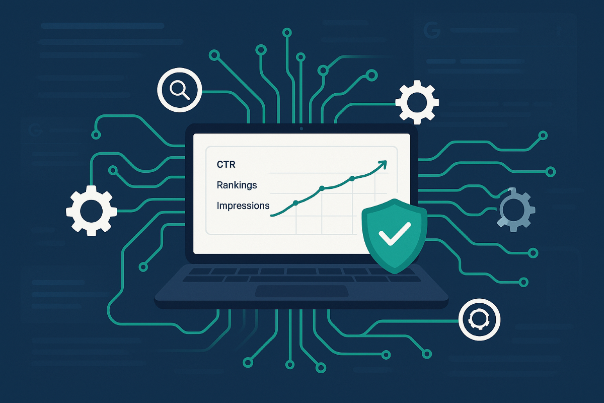 Laptop showing rising CTR, rankings, and impressions with a shield icon symbolizing how to automate SEO testing safely