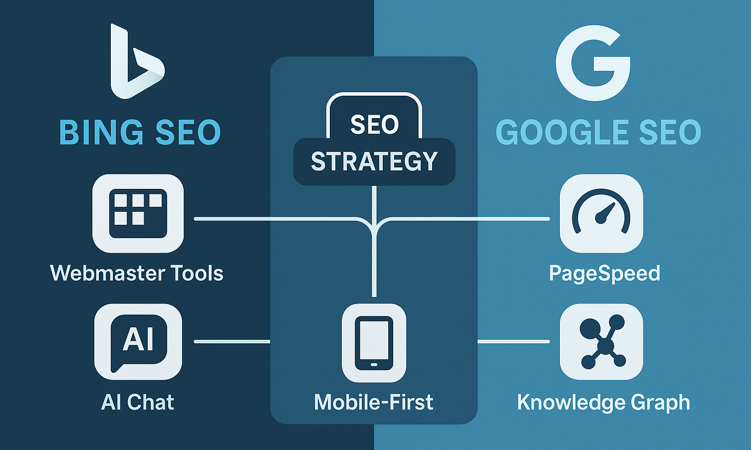 Visual comparison of Bing SEO and Google SEO showing key tools, AI, and ranking factors with a shared mobile-first SEO strategy at the center.