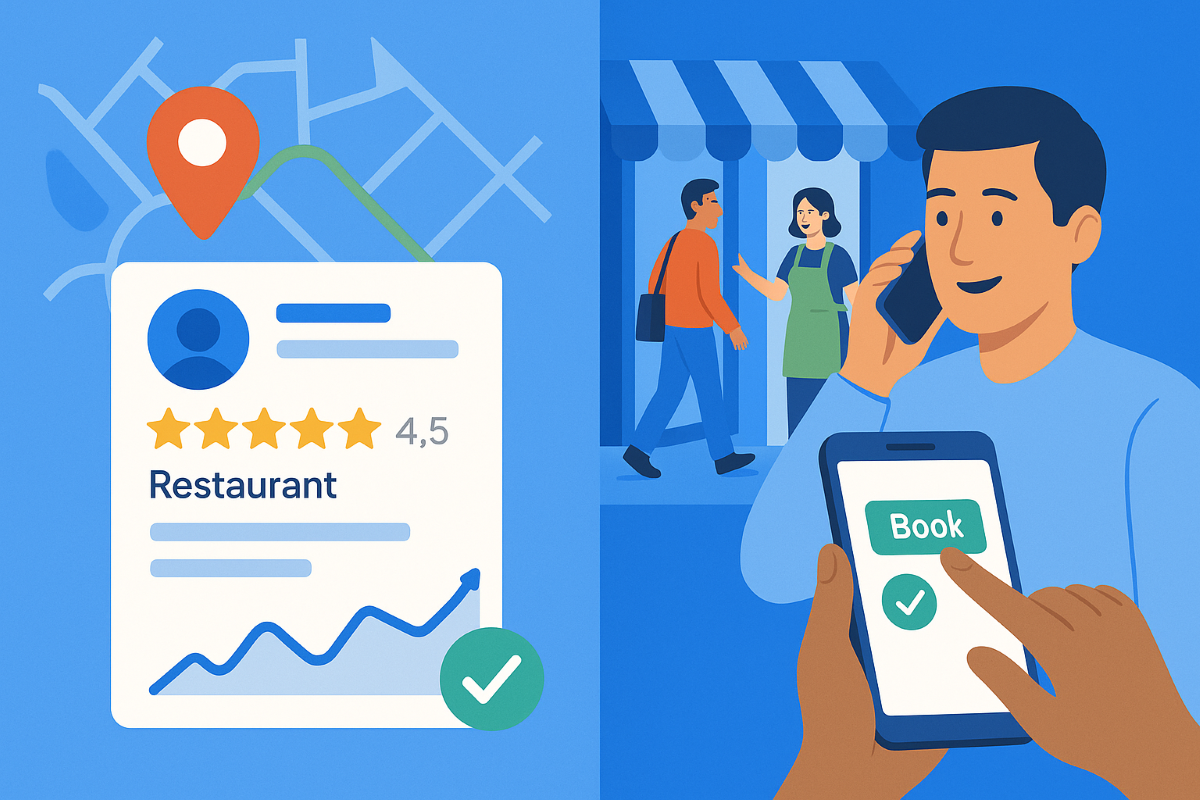 Visual of a local restaurant listing with a 4.5-star rating and upward trend, alongside a customer making a phone call and booking online, representing real local SEO engagement through search visibility, calls, and conversions