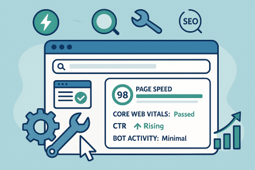 Website analytics dashboard illustrationweb vitals, rising CTR, and minimal bot activity.