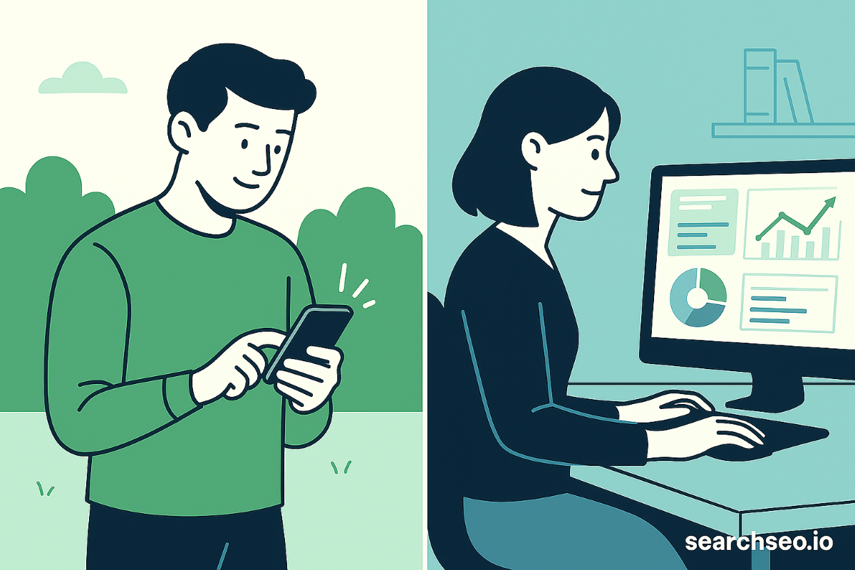 Comparison of mobile and desktop users: man browsing on phone outside, woman viewing analytics on computer at desk.