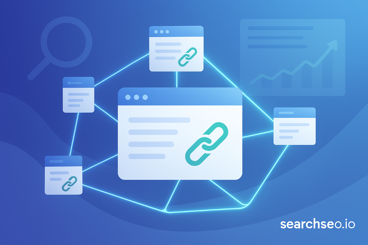 Visual of backlink benefits in SEO with connected web pages and upward traffic performance chart.