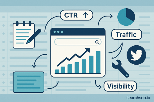 SEO strategy illustration with rising graph, CTR, traffic, and visibility icons.