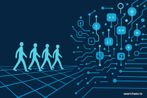 Graphic showing humans on a grid facing a growing wave of AI-driven bots and circuits, symbolizing the rise of automated internet traffic.
