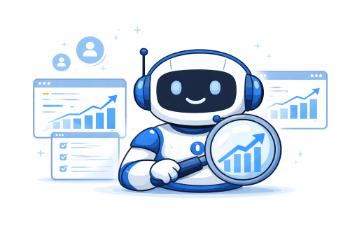 Smiling robot with magnifying glass.