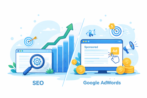 SEO and Google Adwords split screen image
