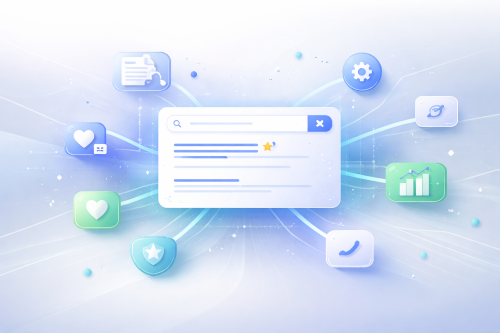 Illustration showing a modern SEO system with connected signals like content, technical SEO, authority, engagement, and analytics flowing into search results.
