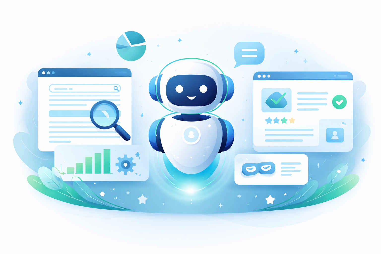 Minimalist illustration representing AI SEO, showing an AI assistant analyzing search results, content quality and ranking signals in an AI-powered search environment.