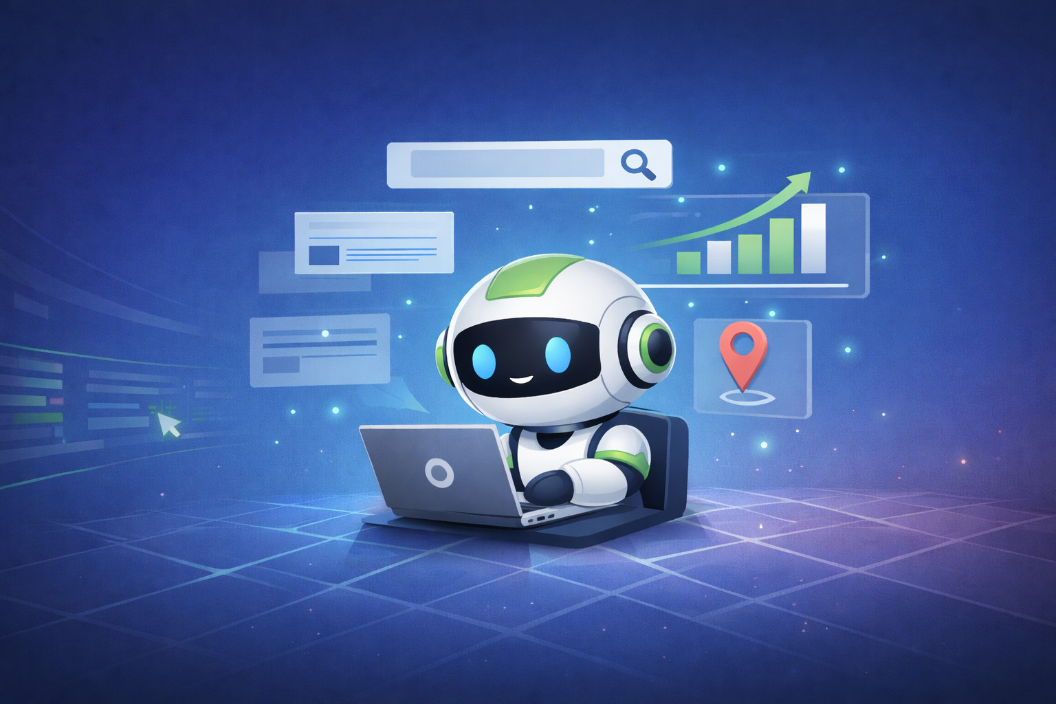 Minimalist tech hero illustration of a friendly traffic bot robot using a laptop with floating SEO UI elements, charts, and a location pin in a blue gradient background.