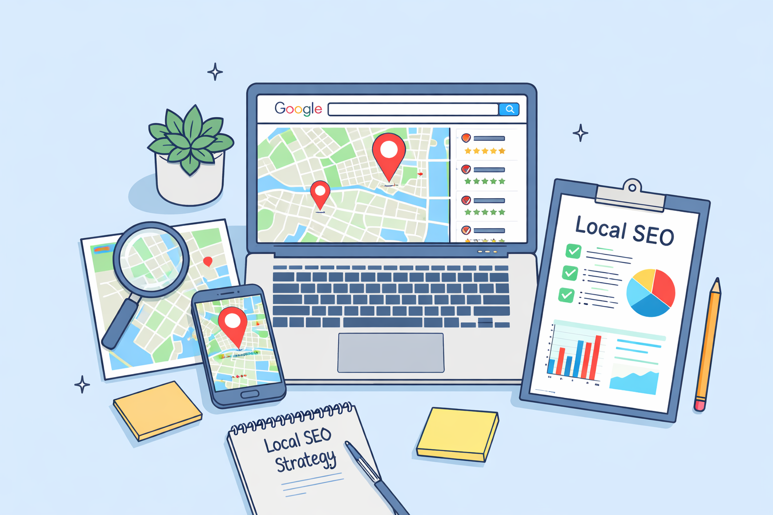 Simple vector graphic of a laptop and smartphone displaying a map with location markers on a light blue background.