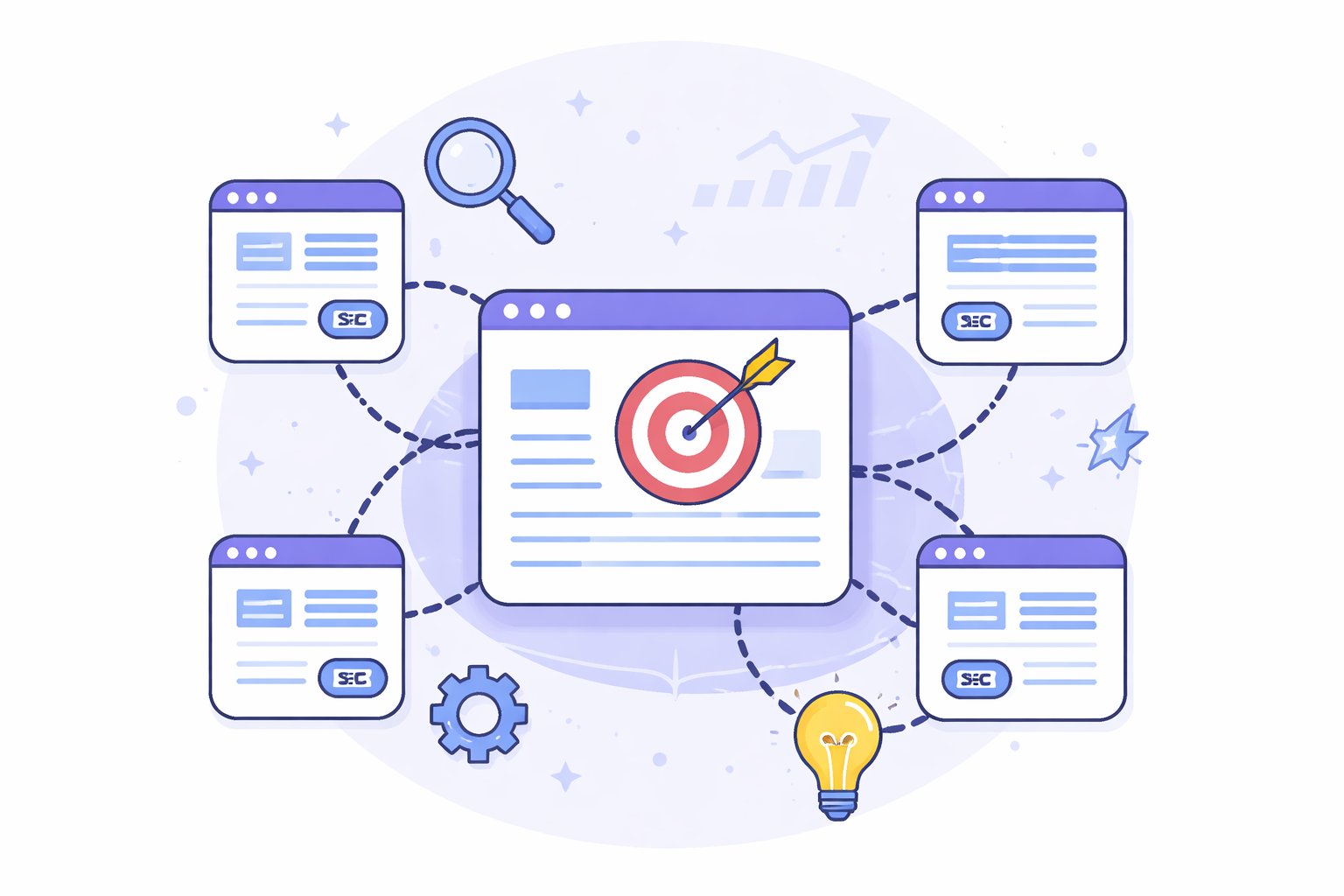 Simple vector graphic of a main webpage linked to supporting pages, illustrating internal linking for SEO.