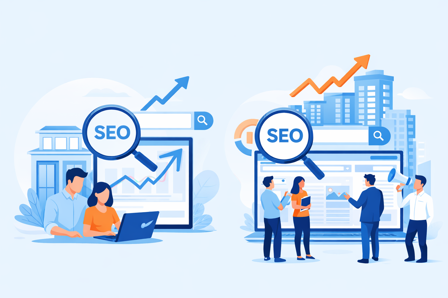 Flat vector illustration showing a startup team and a scale-up team analyzing SEO performance and growth trends.