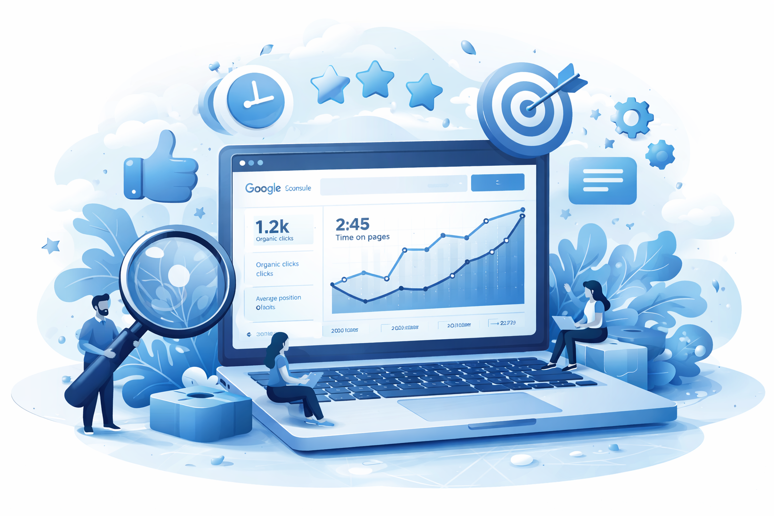 Illustration representing quality website traffic with organic clicks, engagement metrics and search behavior analytics in a blue theme.