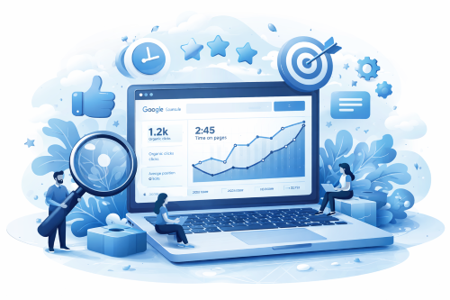 Illustration of website traffic analytics and user engagement data displayed on a laptop.