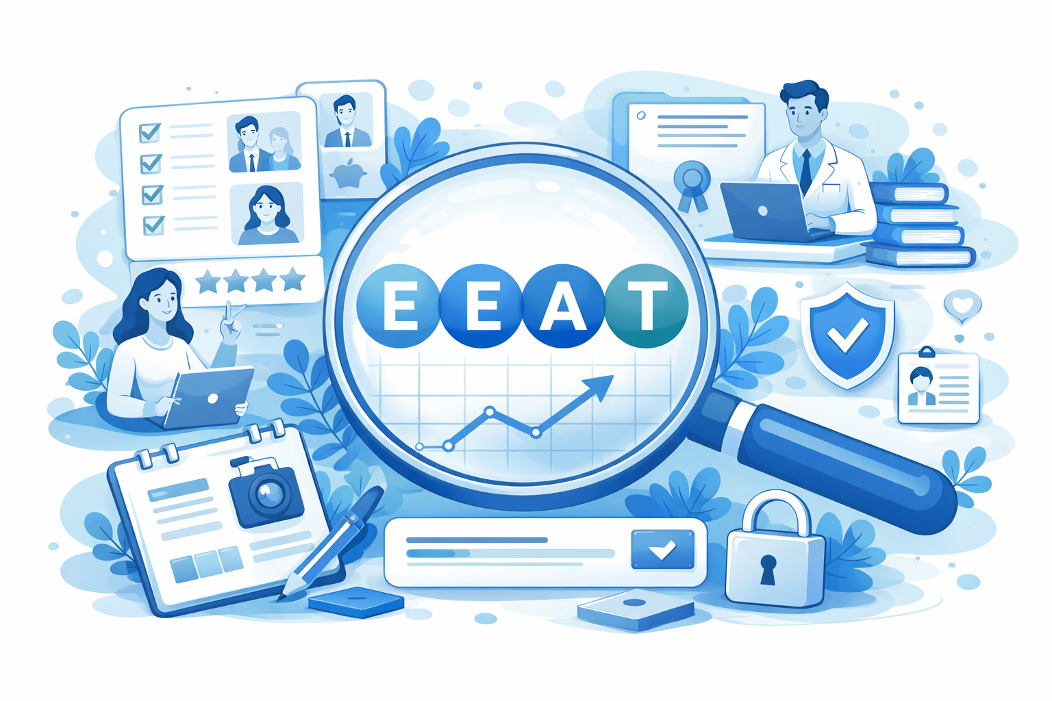 Minimalist blue illustration representing Google E-E-A-T in SEO, with a magnifying glass highlighting experience, expertise, authority and trust alongside trust and growth icons.