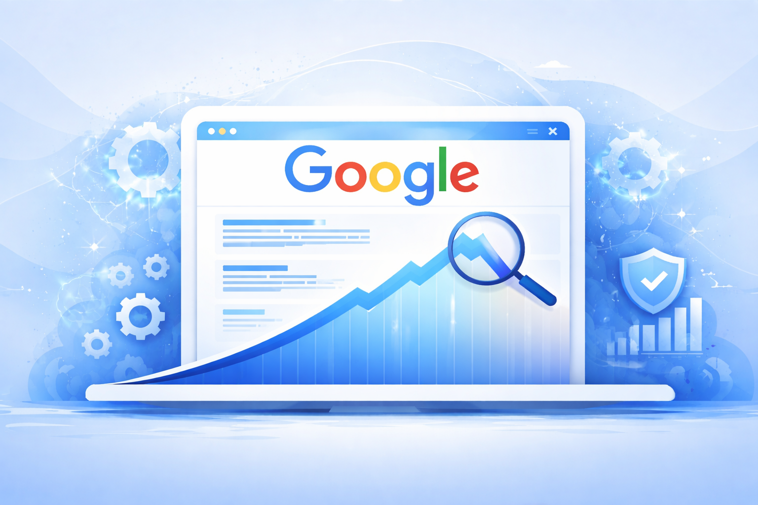 Blue-themed digital illustration of a Google search results page on a large computer screen, highlighting core updates with SEO icons, gears, a shield with a checkmark, and a magnifying glass over a graph.