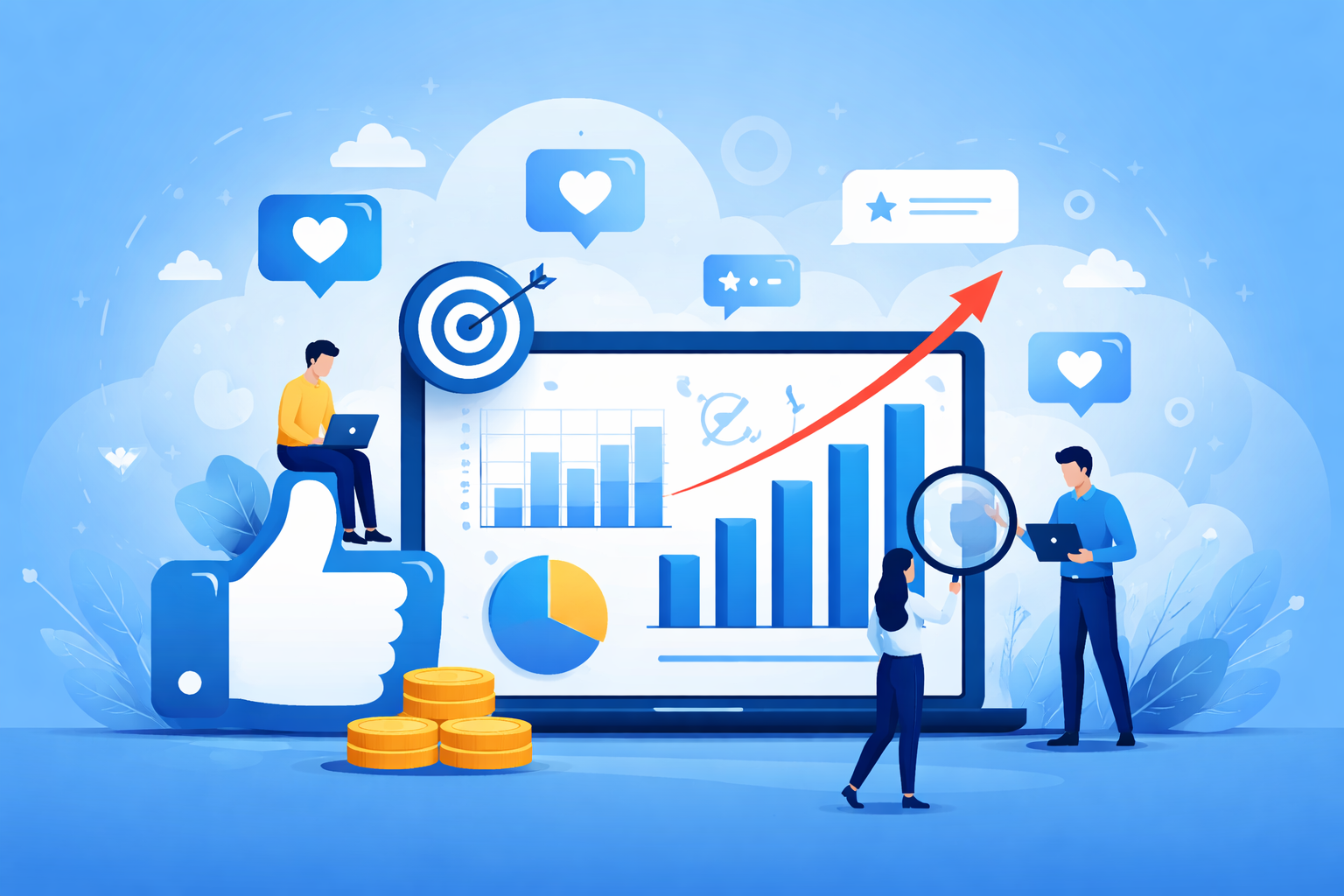 Blue-themed digital illustration showing three people interacting with large charts and graphs on a laptop screen. Visual elements include a rising bar graph, pie chart, thumbs-up icon, heart and star engagement icons, and coins, representing engagement me
