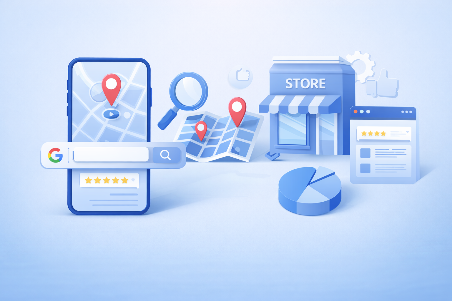 Blue-themed 3D illustration of local SEO showing a smartphone with a map pin and search bar, a magnifying glass over a map, a storefront, and review/star rating panels.