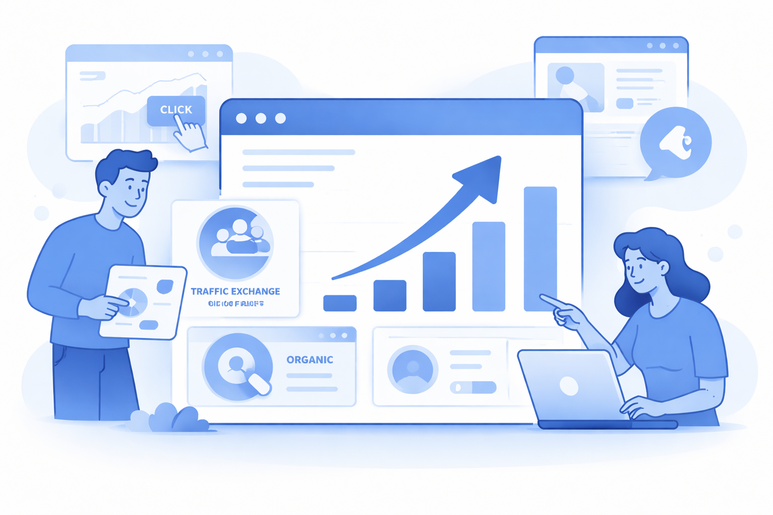 Modern blue-toned illustration of two people reviewing a traffic exchange analytics dashboard with rising bar chart and arrow, surrounded by UI panels showing clicks, audience segments, and traffic sources.