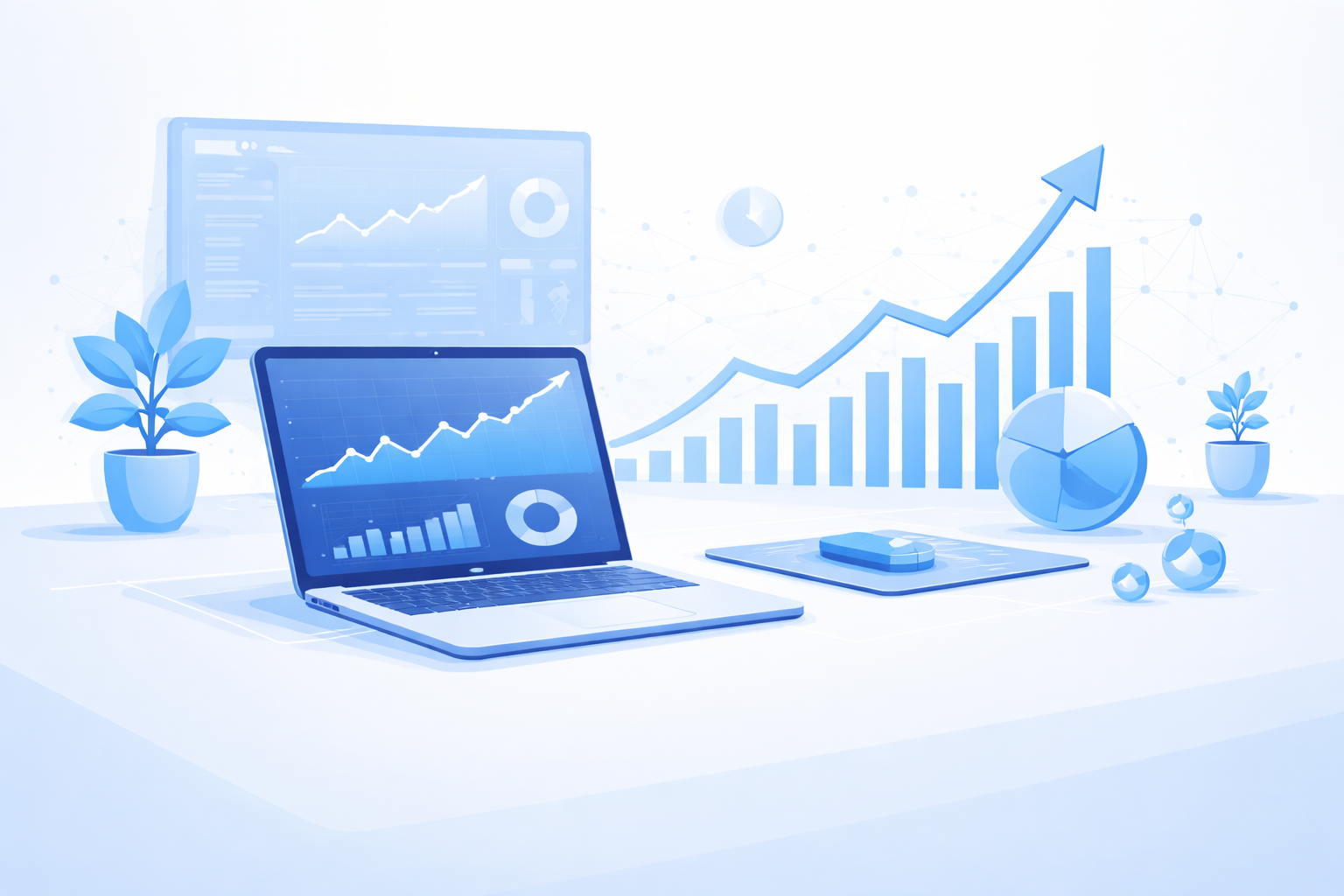 Vector-style illustration of a modern workspace showing a laptop with analytics dashboard, rising line and bar charts, pie chart, floating data visualizations, and light blue background, representing SEO performance, website traffic growth, and digital mar