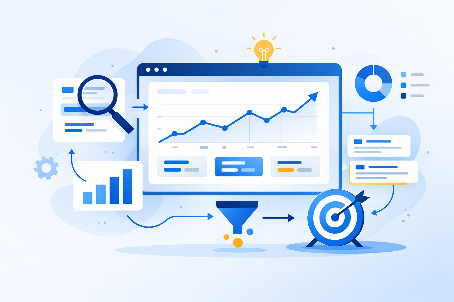 Minimalist blue vector illustration of an SEO analytics dashboard with a rising line graph, magnifying glass, pie chart, and target icon, representing CTR analysis and page performance optimization.