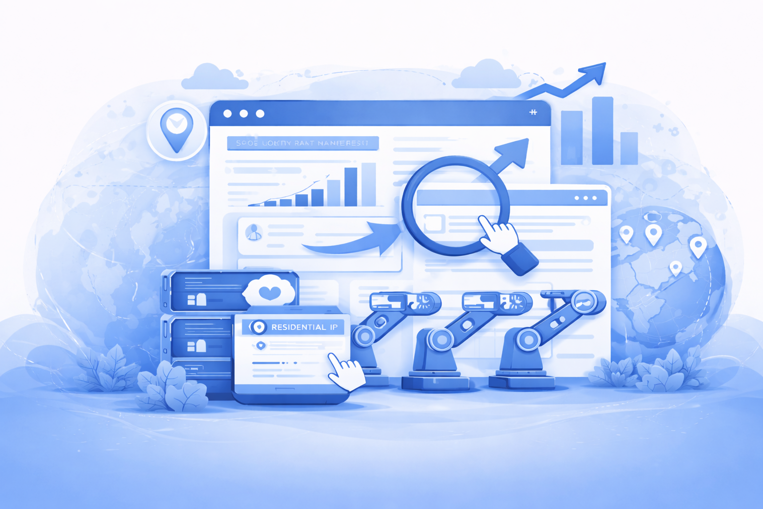 Blue vector illustration of an SEO dashboard with rising rankings, magnifying glass, and automated CTR support system.