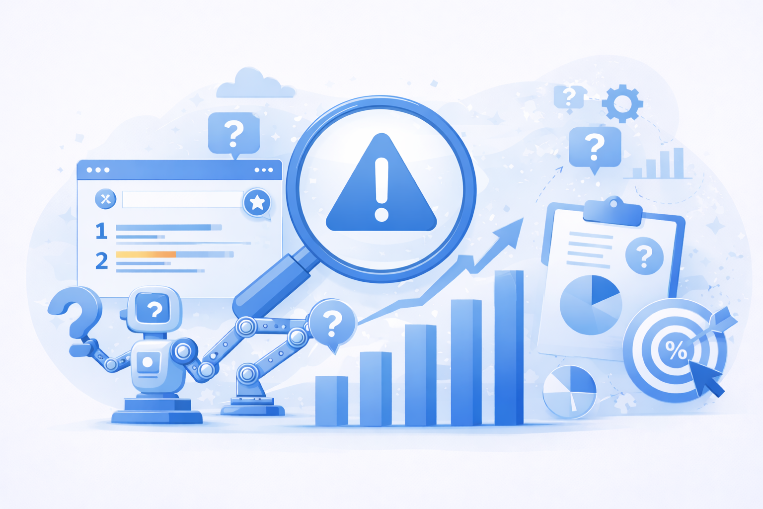 Illustration showing a magnifying glass over a warning icon, search results, rising charts, a rocket, and question marks, representing common CTR myths and SEO confusion.
