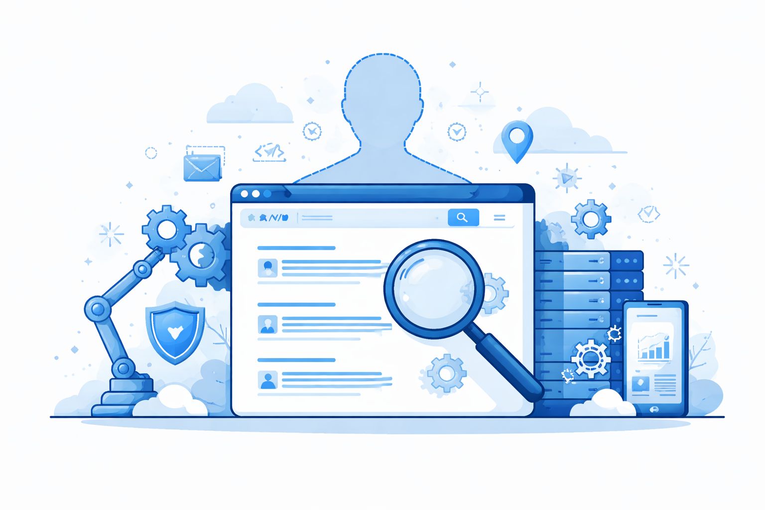 Blue minimalist vector illustration of a headless browser concept showing a browser window with search results, magnifying glass, automation robot arm, server stack, and SEO elements representing automated browsing and search interaction.