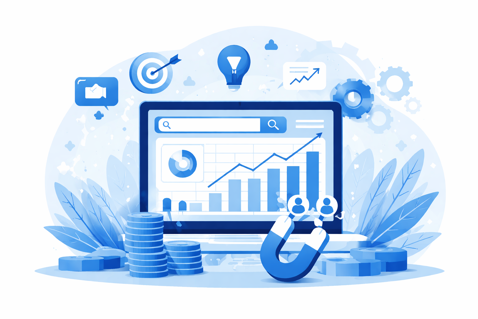 Blue-themed minimalist vector illustration of a laptop displaying SEO analytics and growth charts, surrounded by business icons like a magnet attracting users, target symbol, light bulb, coins, and gears representing B2B targeted website traffic and lead g
