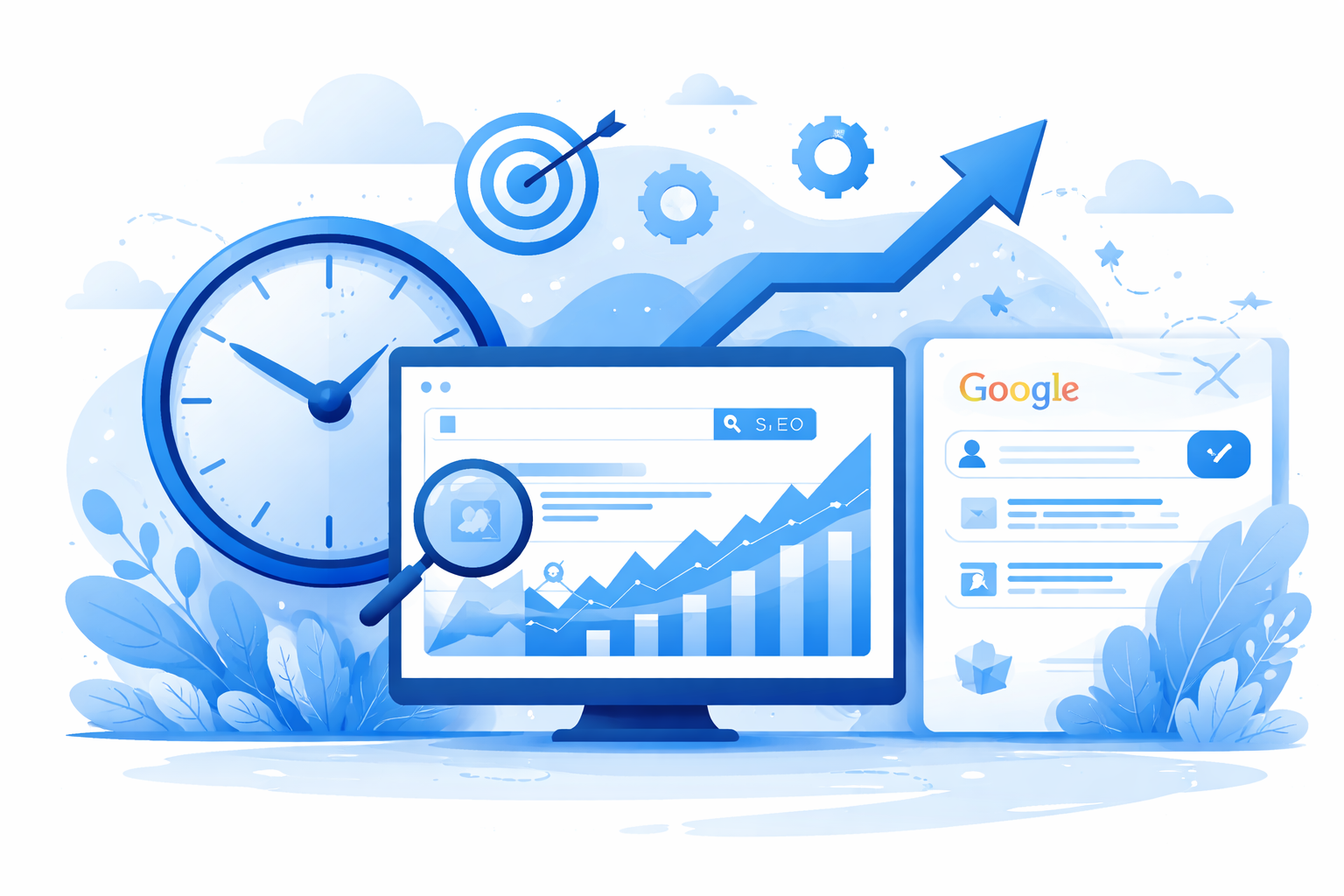 Blue themed vector illustration showing a clock beside a website dashboard with a rising analytics chart and a Google search results page, representing how SEO traffic grows over time.