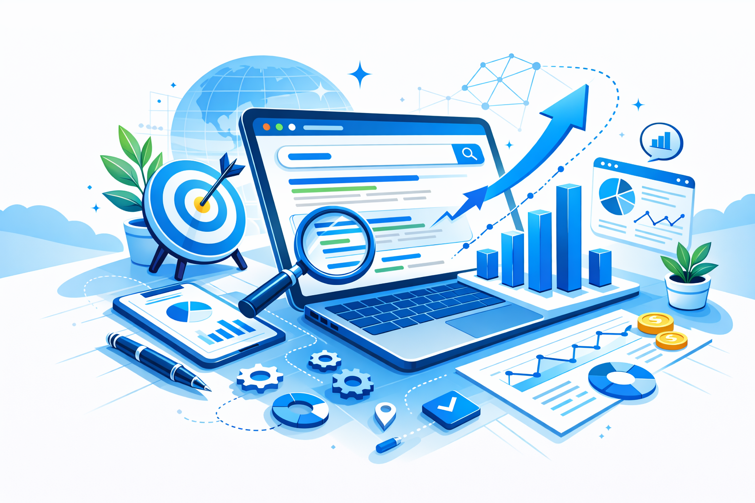 Blue vector illustration of a laptop showing search results, with a magnifying glass, target, and rising charts representing keyword-targeted SEO traffic and growth.