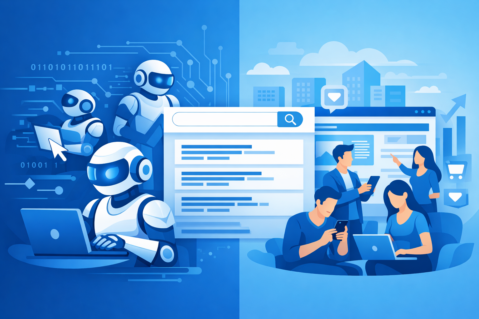 Blue-themed vector illustration showing CTR bots on one side and real human users on the other interacting with a search engine results page, highlighting the difference between automated and human traffic behavior.