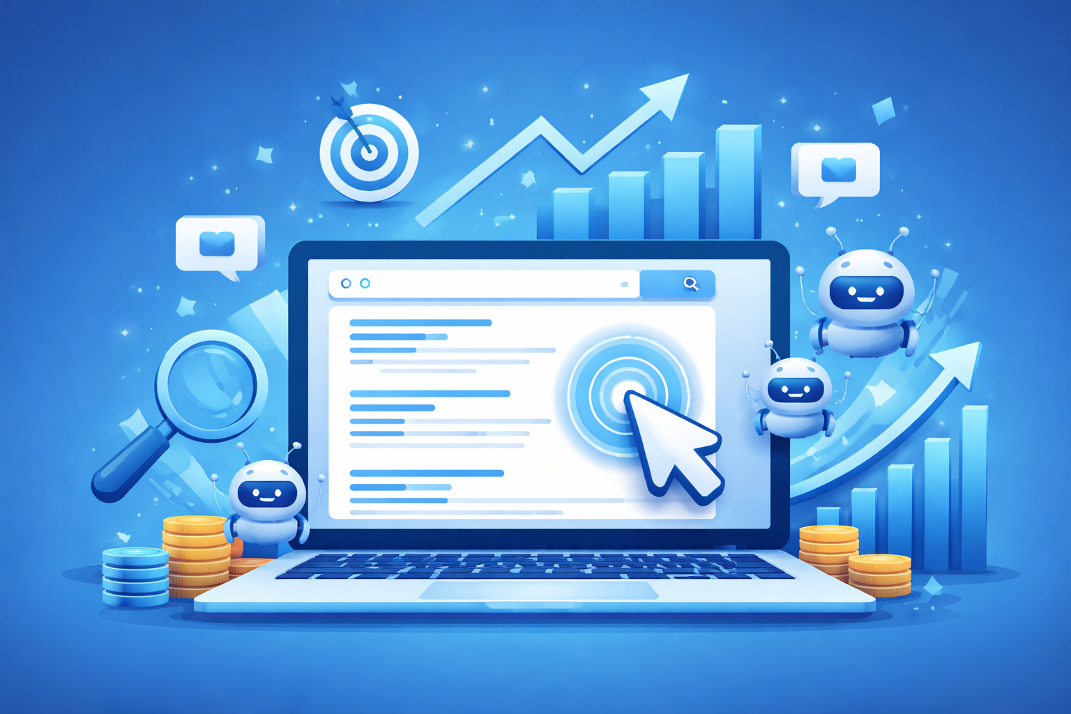 Blue-themed vector illustration of a laptop showing search results with a large cursor clicking a listing, surrounded by small bots, charts, and growth icons representing CTR manipulation and SEO ranking improvement.