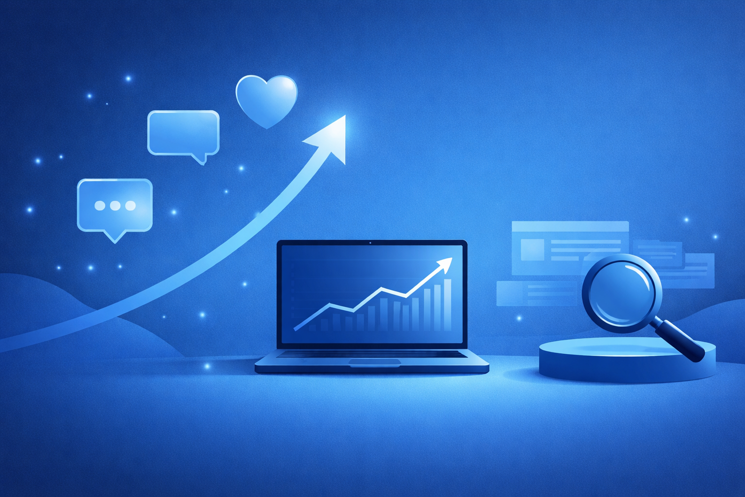 Blue minimalist vector illustration showing a laptop with rising analytics graph, engagement icons, and magnifying glass representing user engagement and SEO growth.