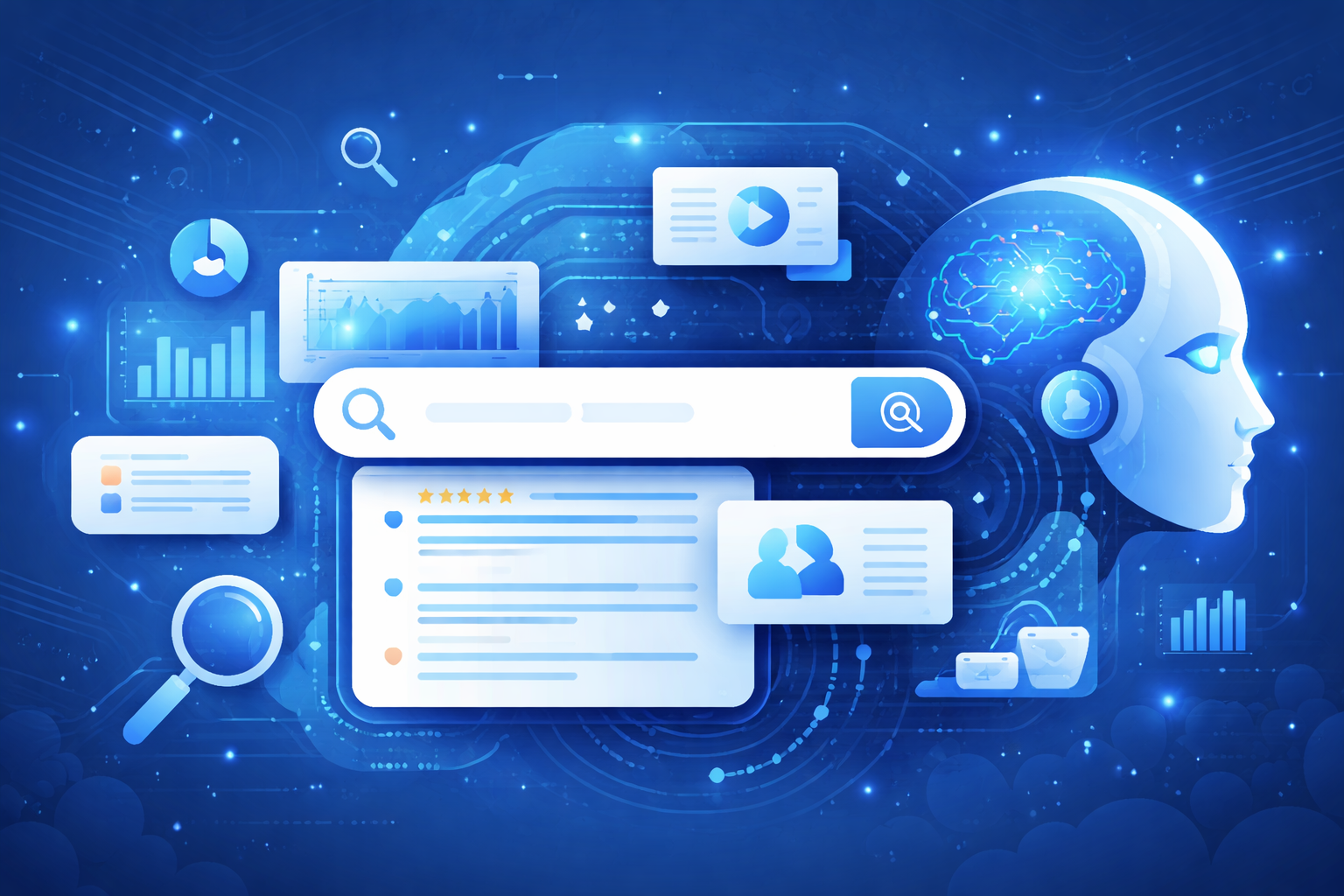 Illustration of AI-powered search with a central search bar, data analytics charts, magnifying glass icons, and a digital human head representing artificial intelligence processing search results