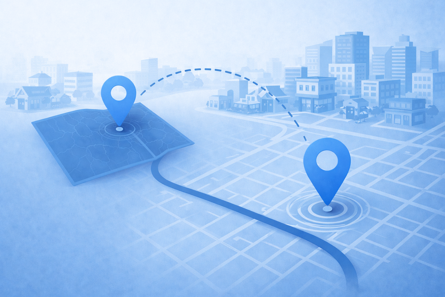 Minimalist blue vector map showing two location pins connected across a city landscape with buildings and businesses in the background