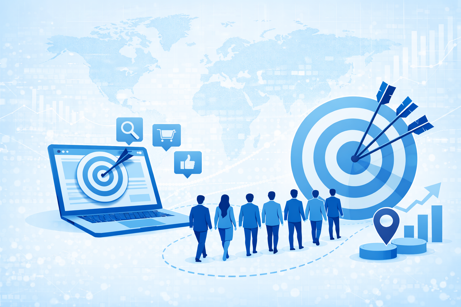 Targeted traffic concept showing users moving toward a conversion goal with website analytics and growth indicators
