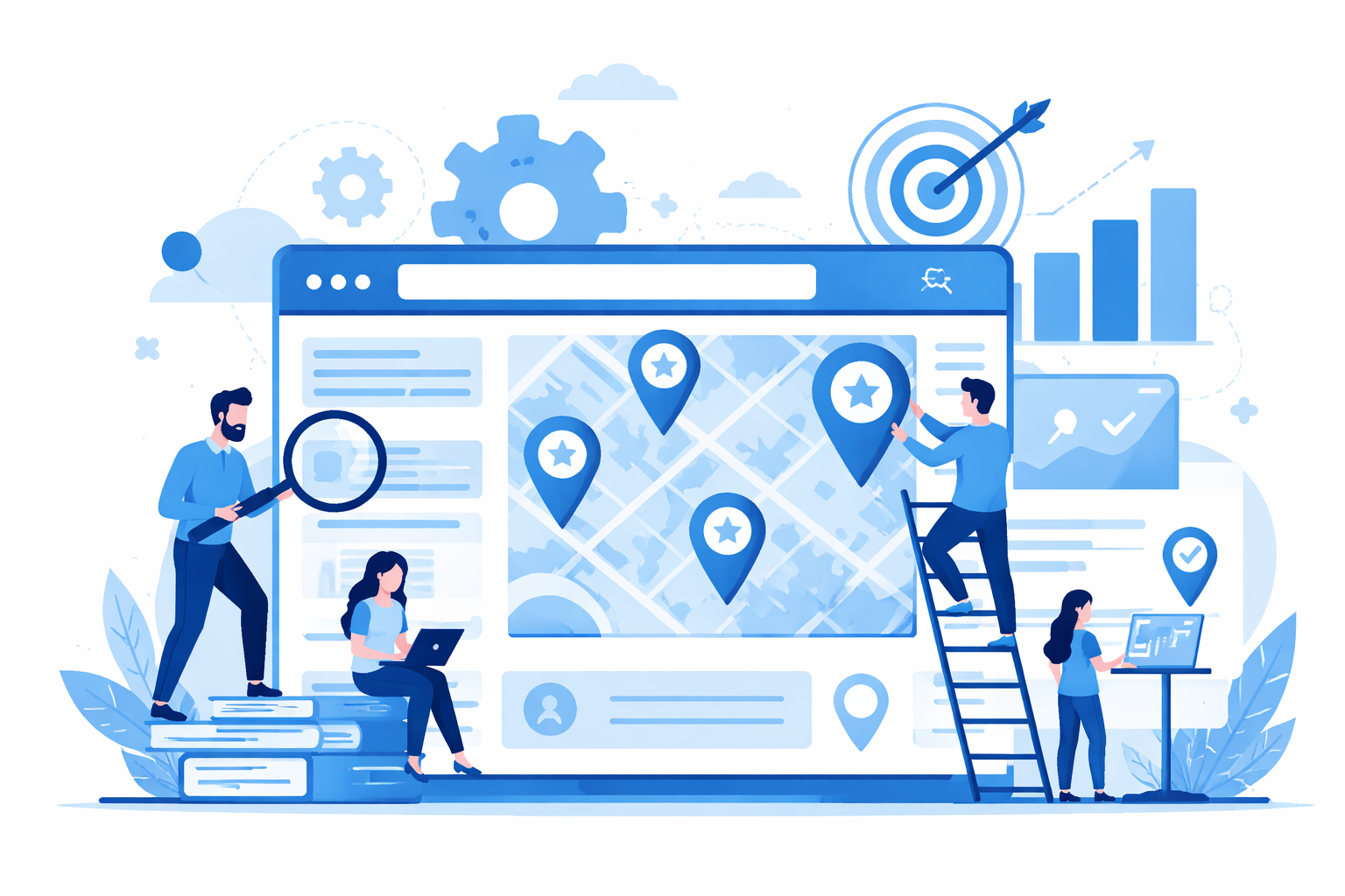 Vector illustration of local SEO strategy with map pins, analytics dashboard, and team optimizing location pages in a blue minimalist design