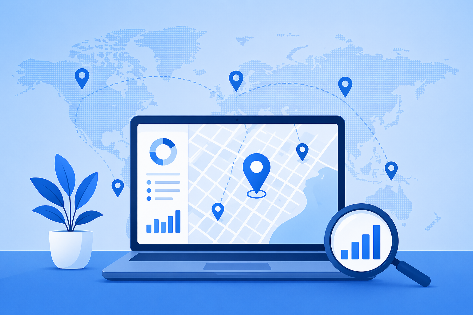 Minimalist blue vector illustration of a laptop showing a geo-targeted SEO dashboard with map pins, analytics charts, and global location tracking